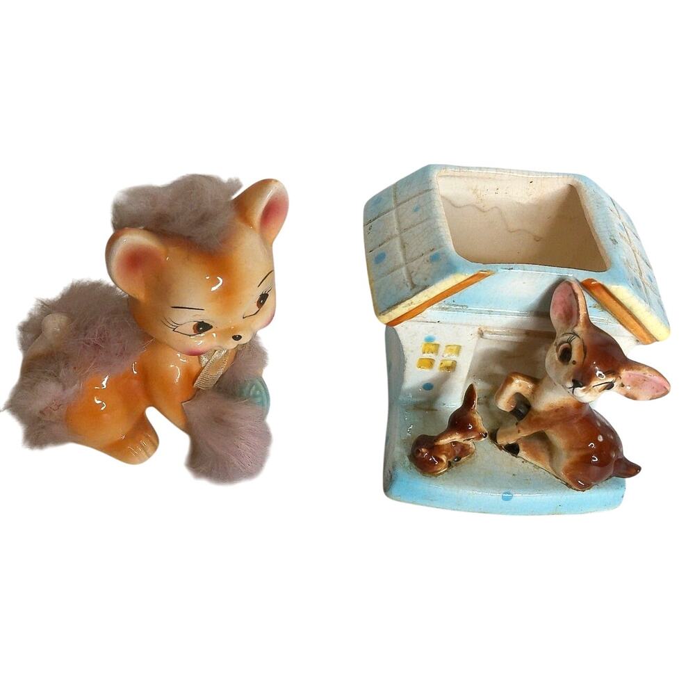 Vintage Arnart Japan Fuzzy Cat Figurine & Deer Ceramic Planter